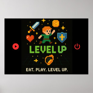 Level Up Gamer Poster – Pixel Retro 8-Bit Art
