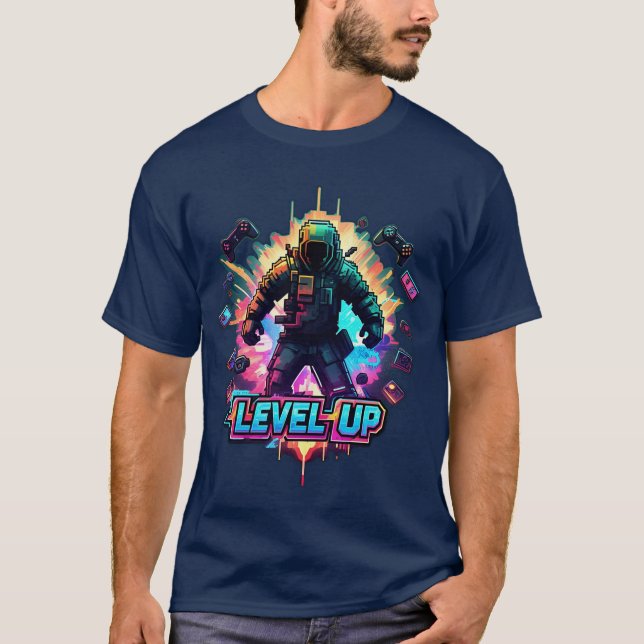 LEVEL UP Gamer T-Shirt Neon Arcade Glitch Retro (Front)