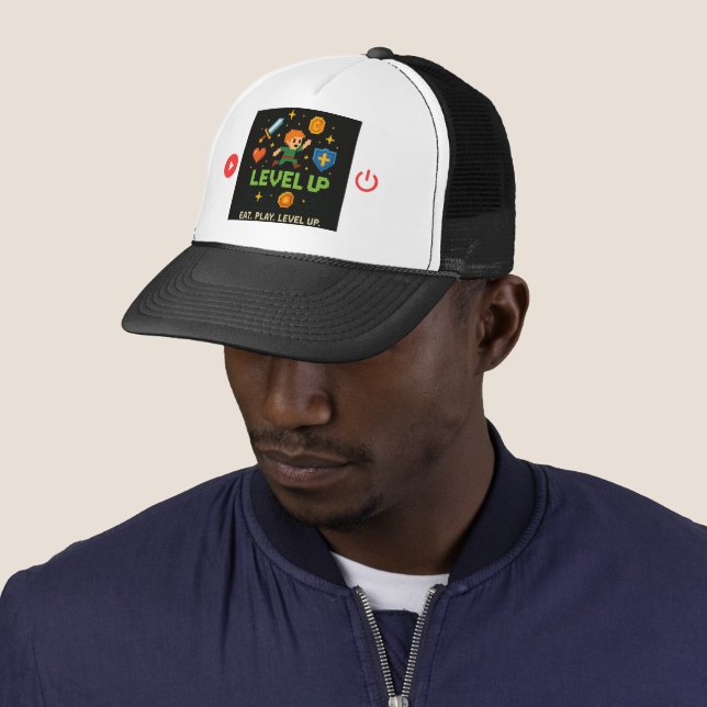 Level Up Gamer Trucker Hat – Pixel Retro Style (In Situ)