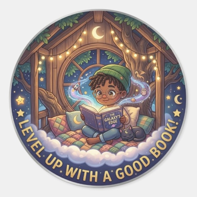 Level Up With A Book Classic Round Sticker (Front)