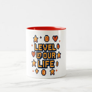 "Level Up Your Life" – Pixel Art Motivational Desi Two-Tone Coffee Mug