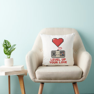 Level Up Your Love, Retro Pixel Gaming Design Cushion