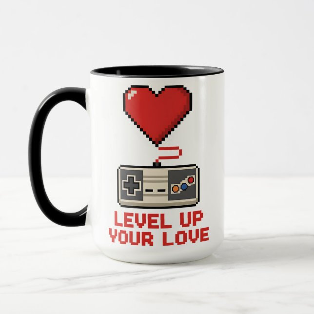 Level Up Your Love, Retro Pixel Gaming Design Mug (Left)