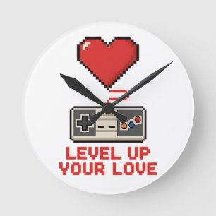 Level Up Your Love, Retro Pixel Gaming Design Round Clock