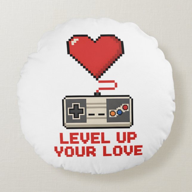 Level Up Your Love, Retro Pixel Gaming Design Round Cushion (Front)