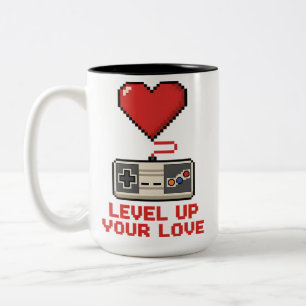 Level Up Your Love, Retro Pixel Gaming Design Two-Tone Coffee Mug