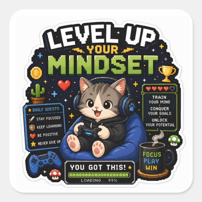 Level Up Your Mindset – Pixel Gamer Cat Square Sticker (Front)