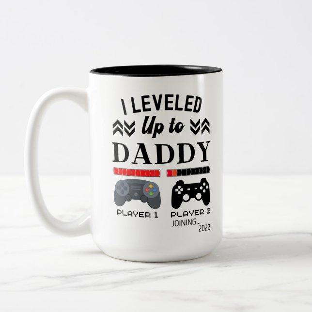 Leveled up to daddy player 1 2 joining gamer games Two-Tone coffee mug (Left)