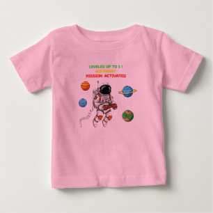 Levelled Up to 1 Retro Gamer Astronaut 1st Birthda Baby T-Shirt