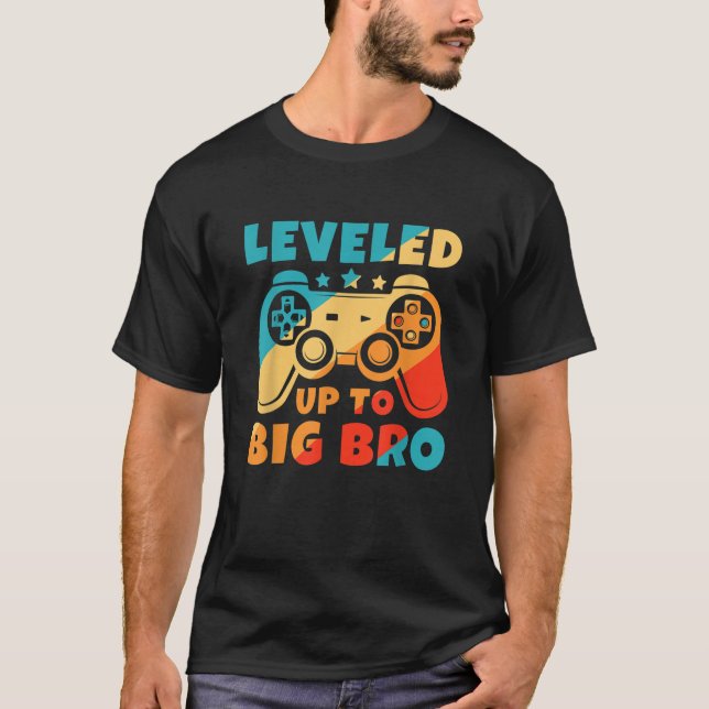 Levelled up to Big Bro New Brother Funny Gamer T-Shirt (Front)
