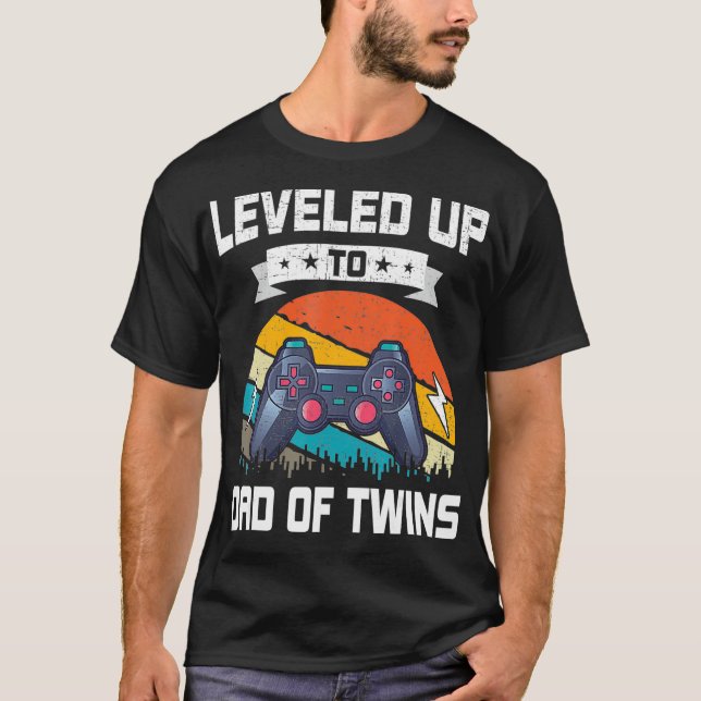 Levelled up to Dad Of Twins Video Gamer Gaming T-Shirt (Front)