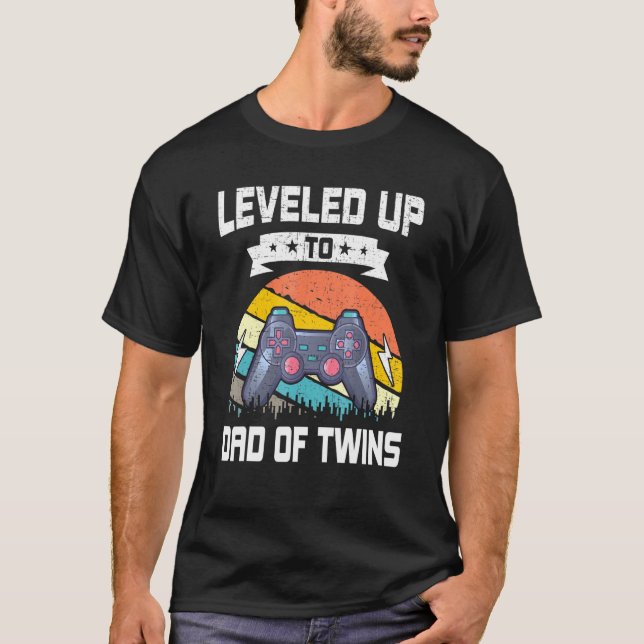 Levelled Up To Dad Of Twins Video Gamer Gaming T-Shirt (Front)
