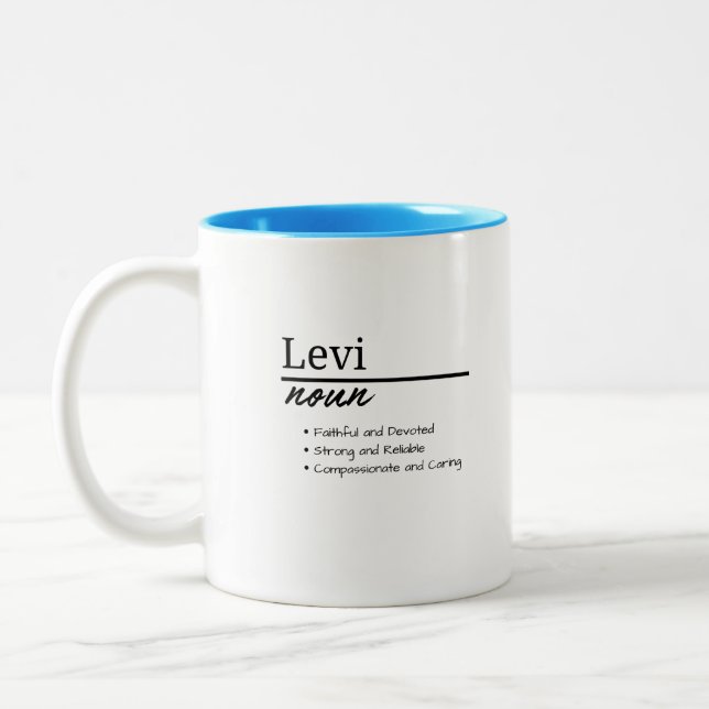 Levi, Boy Personalised Name Definition Two-Tone Coffee Mug (Left)