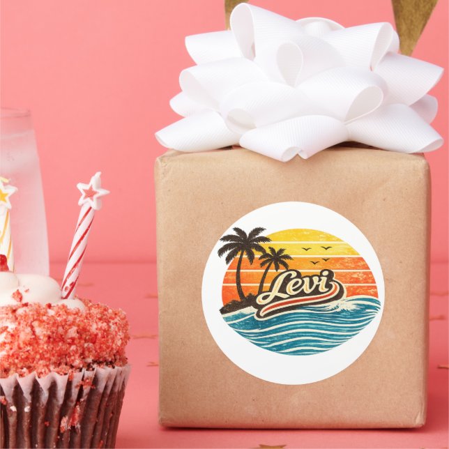 Levi Retro Sunset Name Design Classic Round Sticker (Party)