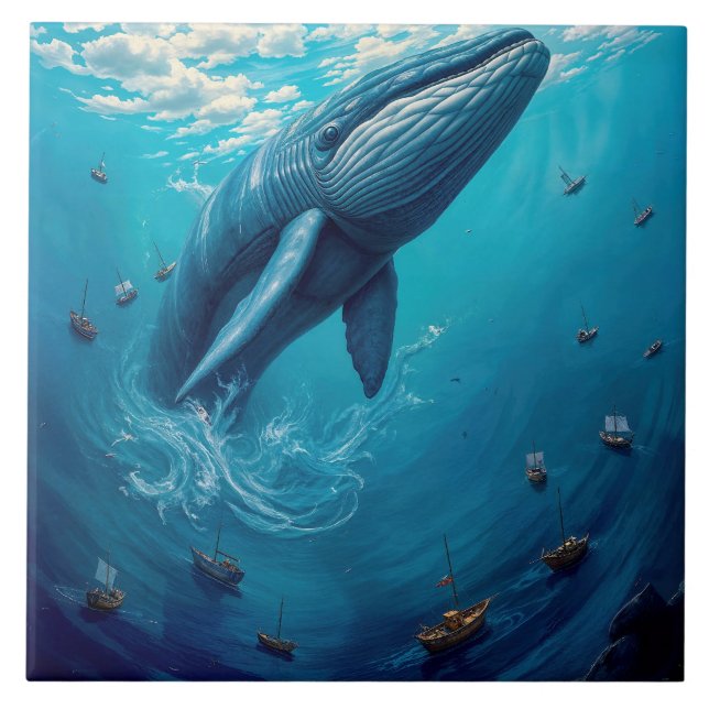 Leviathan’s Flight to Freedom – Surreal Whale Art Ceramic Tile (Front)