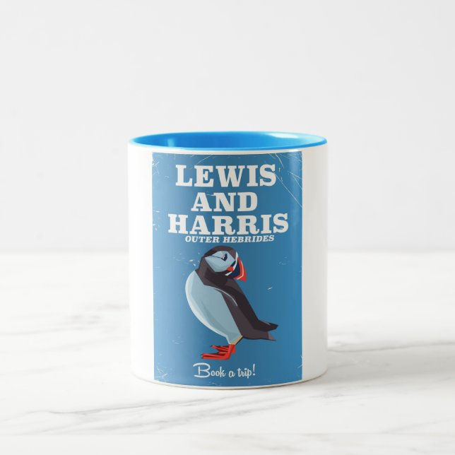 Lewis and Harris Scotland Puffin travel poster Two-Tone Coffee Mug (Center)