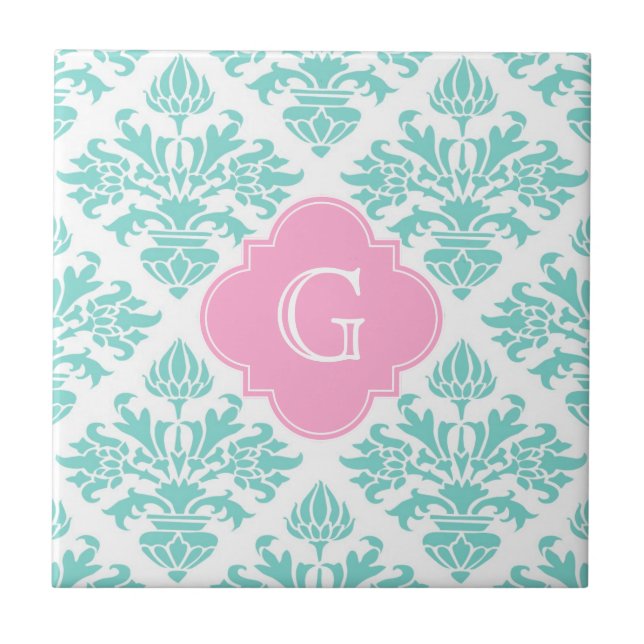 Lg Aqua Floral Damask #3 Pink Quatrefoil Monogram Ceramic Tile (Front)