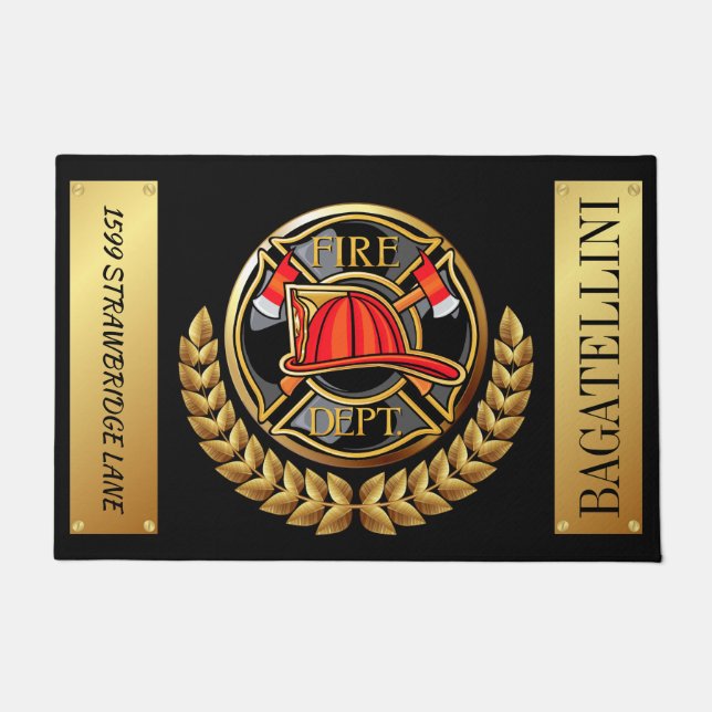 Lg. Fire Department Elegant Black and Gold Doormat (Front)