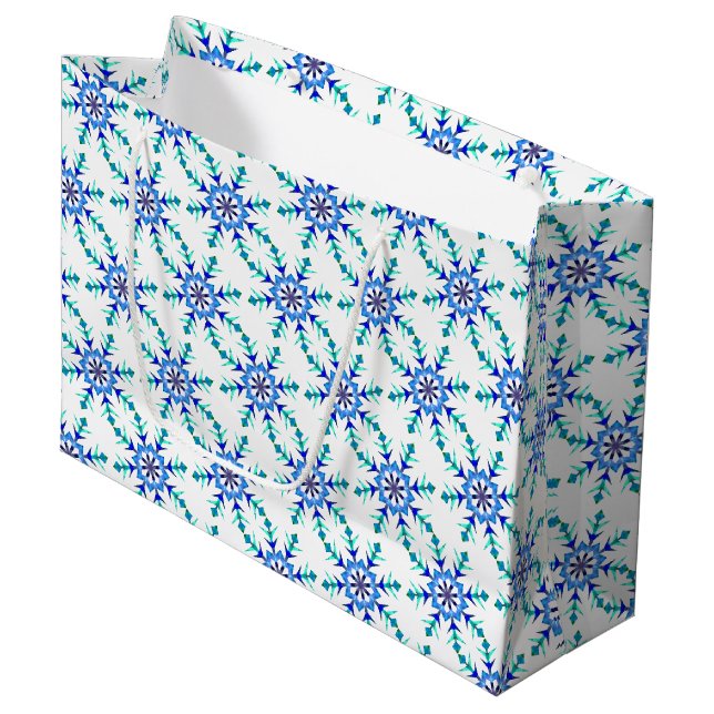 Lg Gift Bag Blue Snowflakes (Front Angled)