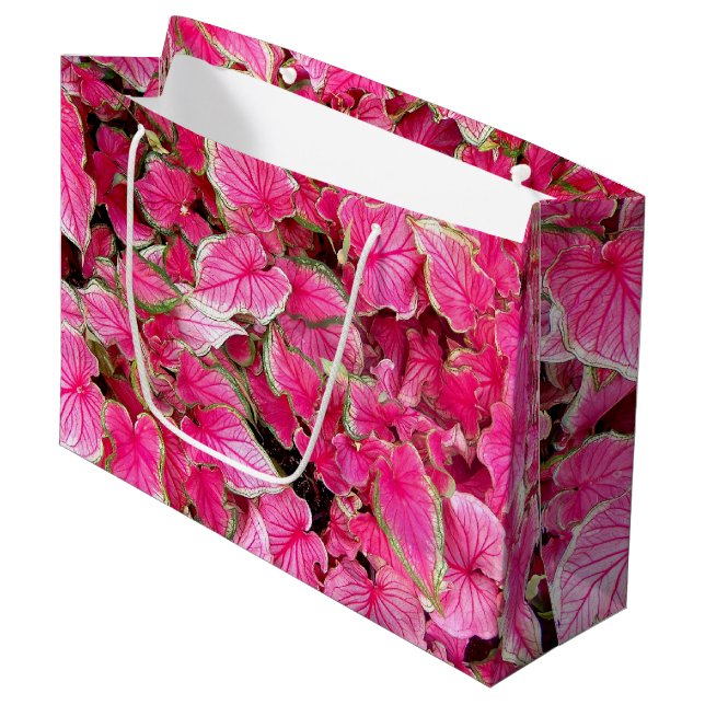 Lg  Gift Bag Pink Leaves (Front Angled)