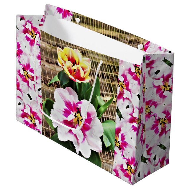 Lg Gift bag Pink/Yellow Tulips (Front Angled)