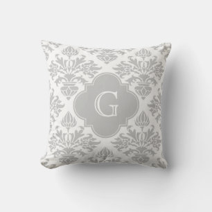Lg Grey White Floral Damask #3 Grey Monogram Label Cushion