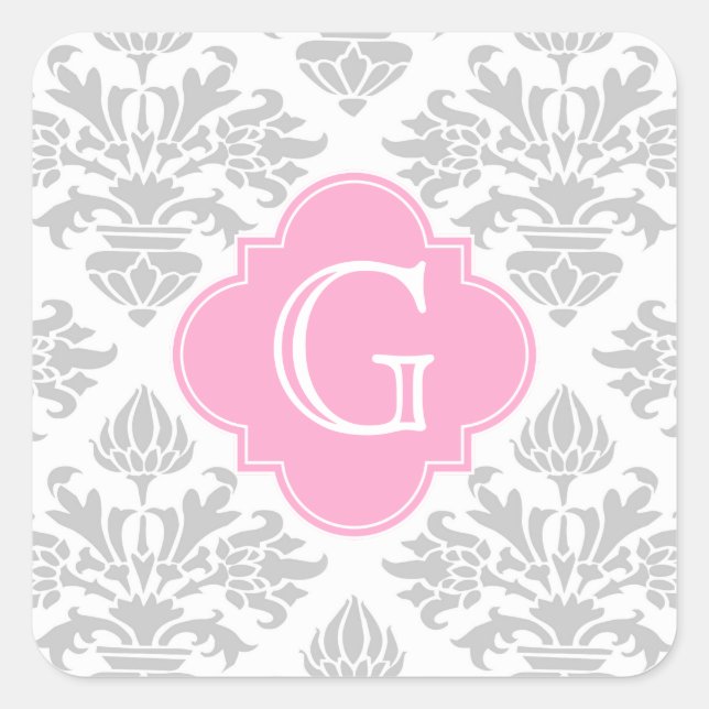 Lg Grey White Floral Damask #3 Pink Monogram Label (Front)