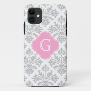 Lg Grey White Floral Damask #3 Pink Monogram Label iPhone 11 Case