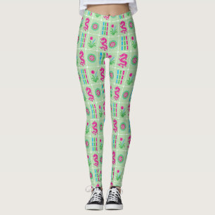 LG Mahjong Tiles #4 Pink Green Capri Blue Lt Green Leggings