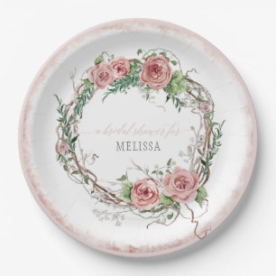 Lg Size Bridal Shower Rustic Wreath Rose Branch Paper Plate