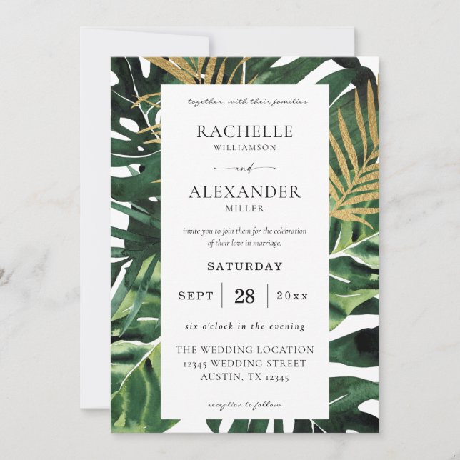 LG Tropical Palm Leaf Gold 1 Wedding Invitation (Front)