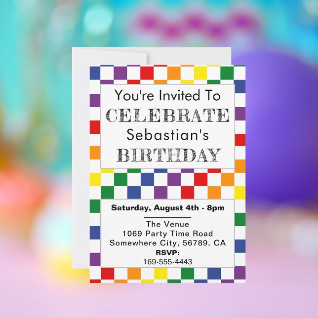 LGBT Birthday Party Rainbow Check Invitation (Creator Uploaded)