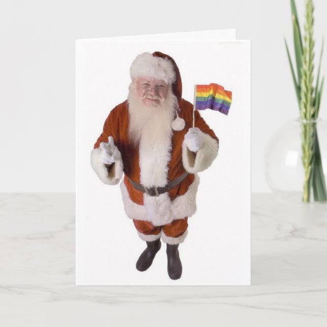 LGBT Christmas Card of Santa and Pride Flag (Front)