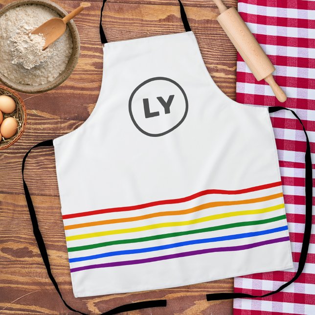 LGBT Custom Initials Pride Stripes White Baking Apron (Creator Uploaded)