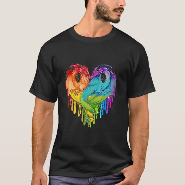 LGBT Dragon Heart Rainbow Heart Dragon LGBT Pride T-Shirt (Front)