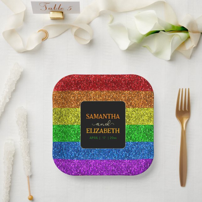 LGBT flag rainbow sparkles gay lesbian wedding Paper Plate (Wedding)