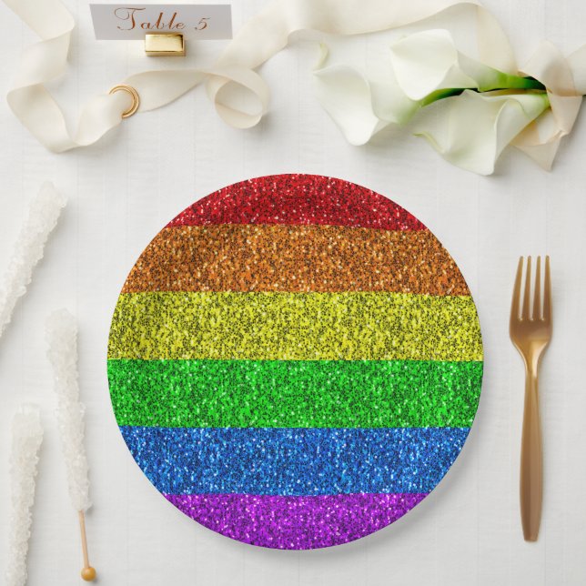LGBT flag rainbow sparkles gay lesbian wedding Paper Plate (Wedding)