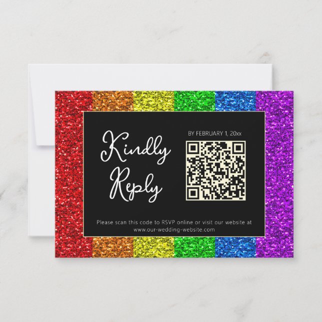 LGBT flag rainbow sparkles gay lesbian wedding RSVP Card (Front)