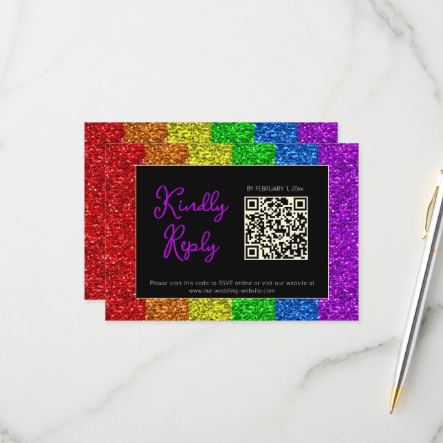 LGBT flag rainbow sparkles gay lesbian wedding RSVP Card (Front/Back In Situ)