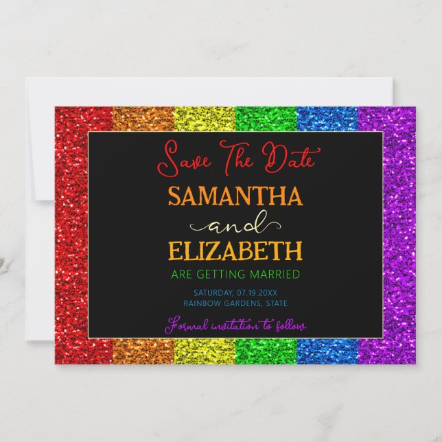 LGBT flag rainbow sparkles gay lesbian wedding Save The Date (Front)