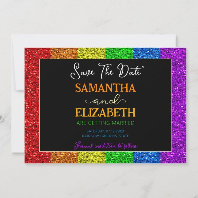 LGBT flag rainbow sparkles gay lesbian wedding Save The Date (Front)