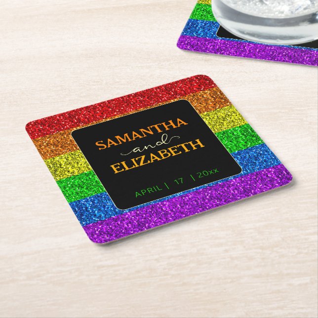 LGBT flag rainbow sparkles gay lesbian wedding Square Paper Coaster (Angled)