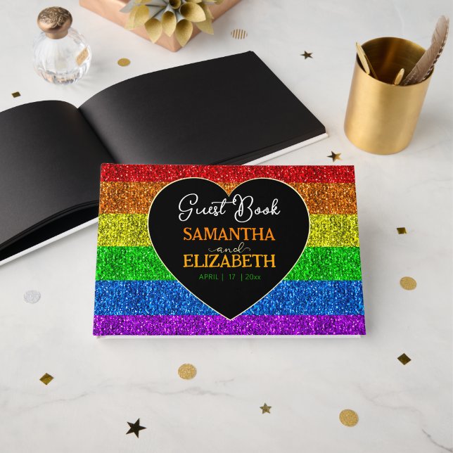 LGBT flag rainbow sparkles heart wedding Guest Book (Front Open)