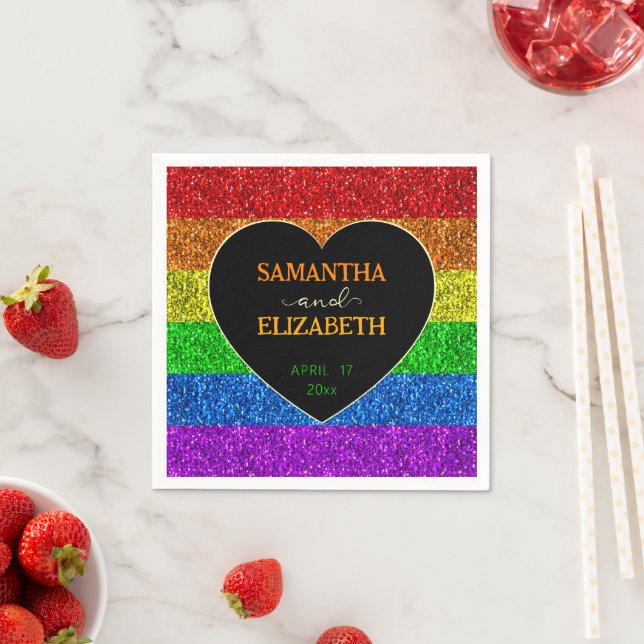 LGBT flag rainbow sparkles heart wedding Paper Napkin (Insitu)