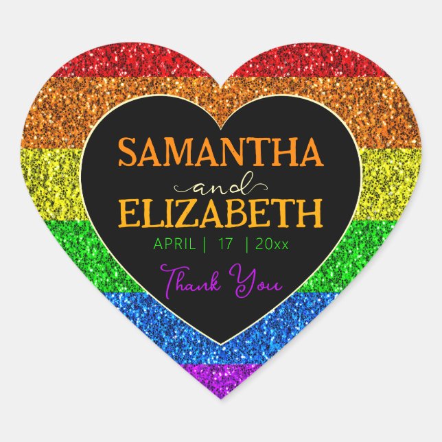 LGBT flag rainbow sparkles heart wedding Thank you Sticker (Front)