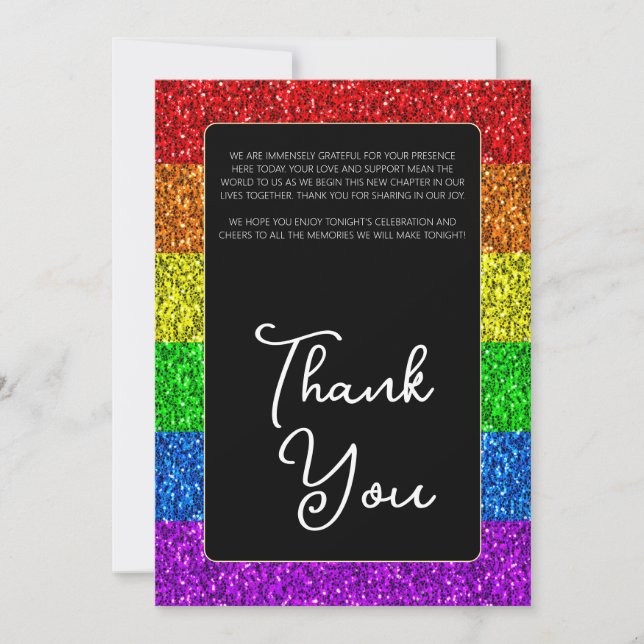 LGBT flag rainbow sparkles lesbian wedding Thank You Card (Front)