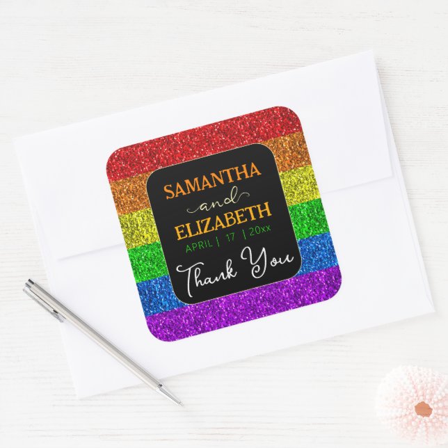 LGBT flag rainbow sparkles wedding Thank you Square Sticker (Envelope)