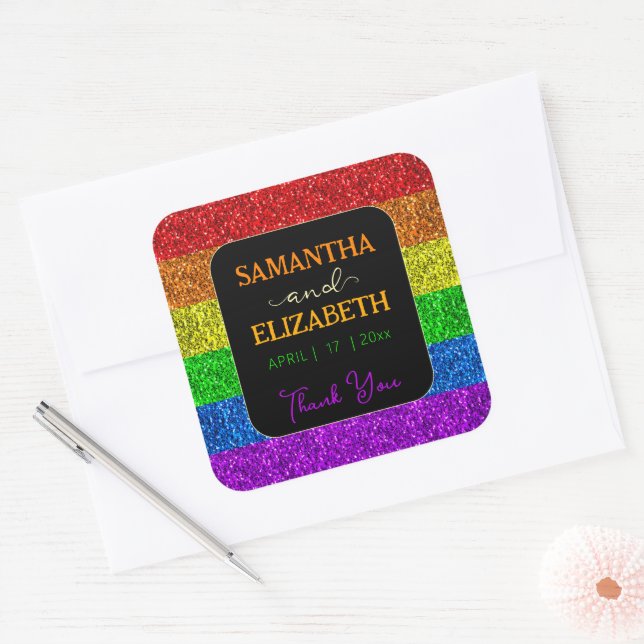 LGBT flag rainbow sparkles wedding Thank you Square Sticker (Envelope)