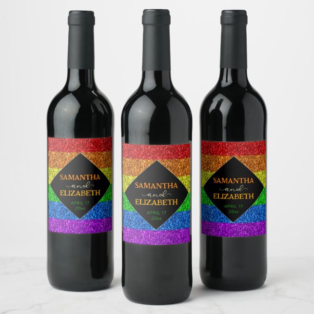 LGBT flag rainbow sparkles wedding Thank you Wine Label (Bottles)