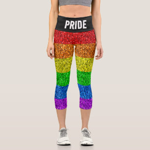 LGBT flag vibrant rainbow glitter Pride Custom txt Capri Leggings
